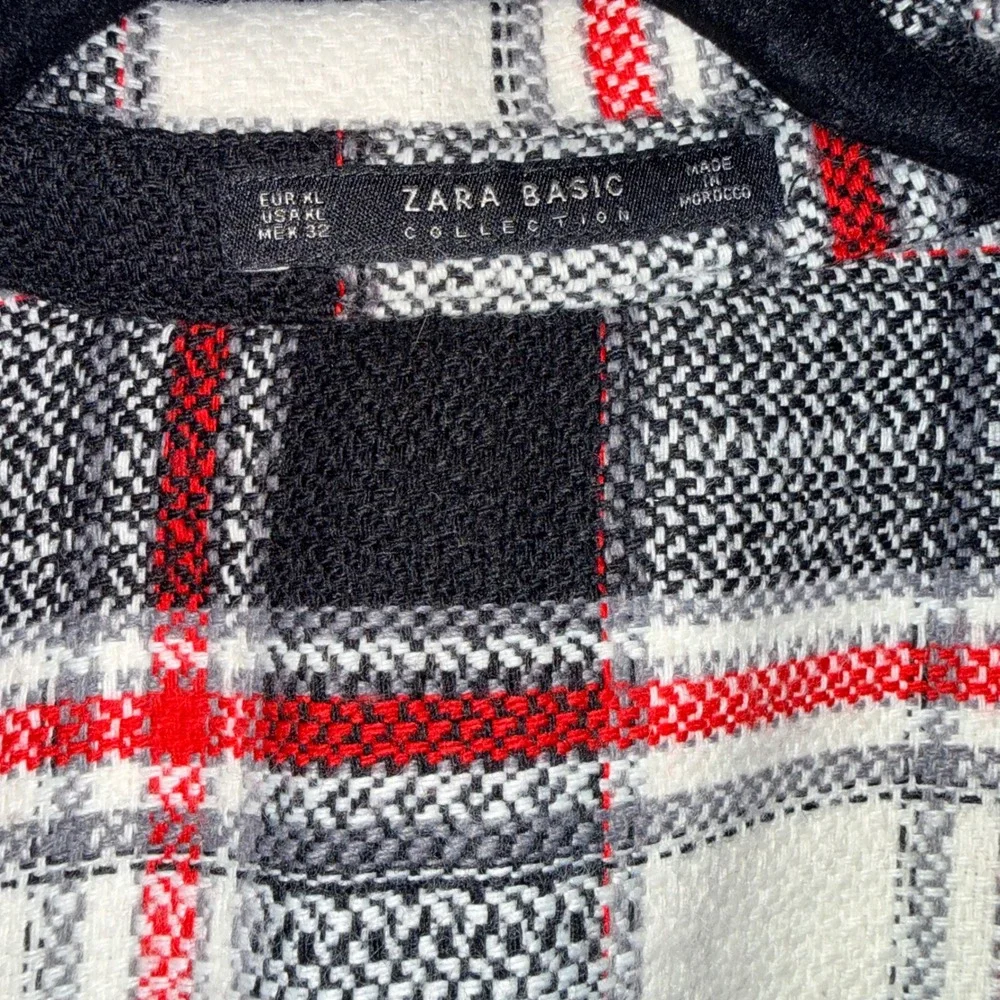 Zara Plaid Belted Shacket Jacket Womens XL Red Black White Woven Coat